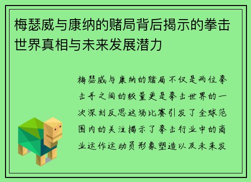 梅瑟威与康纳的赌局背后揭示的拳击世界真相与未来发展潜力